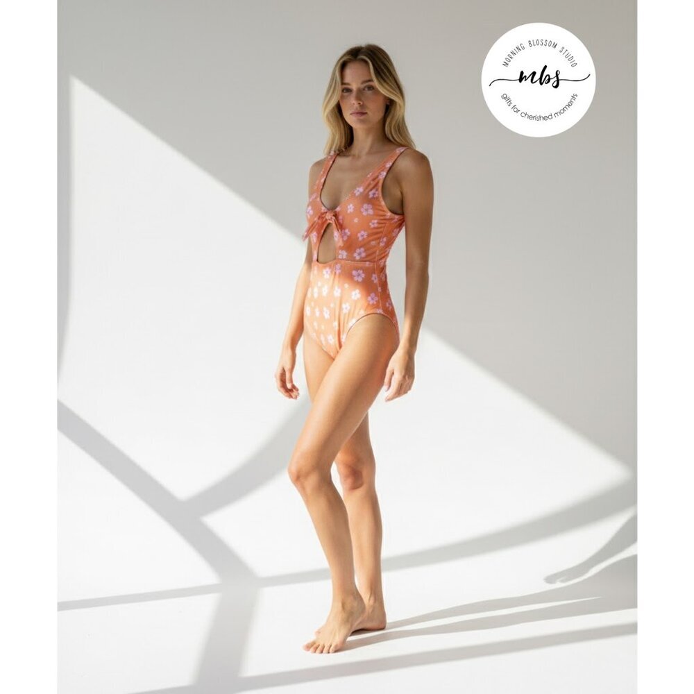 NWT ELE Swim x DAE Brooke Floral One Piece Key Hole Swimsuit Orange Pink Women S